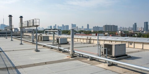 Fototapeta premium Industrial rooftop with metallic structures and urban infrastructure, concrete structure, city skyline, urban infrastructure