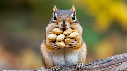 Obraz premium Cute Squirrel Holding Nuts Among Natural Background in Autumn Light