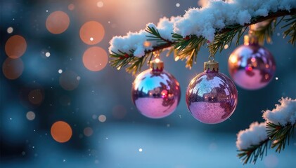 Iridescent glass balls suspended from twigs on a winter wonderland branch, christmas trees, ornaments