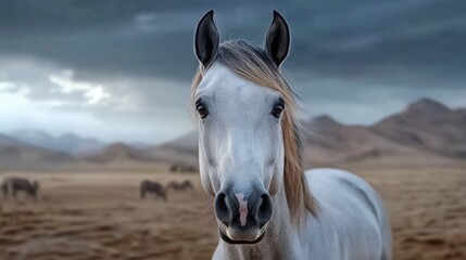 Obraz premium A striking white horse gazes calmly into the distance, surrounded by an expansive dry landscape and distant mountains. The overcast sky adds a dramatic atmosphere to the scene