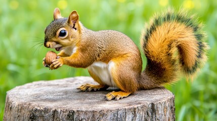 Squirrel Holding Nut on Tree Stump in Lush Green Environment