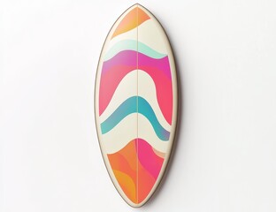 Colorful surfboard with abstract design isolated on white background.