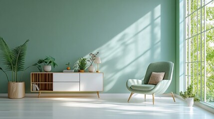 Scandinavian Style Living Room with Mint Green Wall Cozy Armchair and Stylish Sideboard