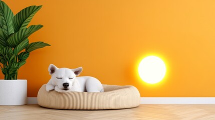 White Dog Sleeping on Comfortable Bed in Bright Orange Room