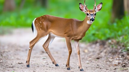 Young Buck Deer Standing on Path Surrounded by Lush Greenery