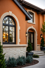 Orange stucco house with black windows and stone accents. Luxurious home exterior design with landscaping and elegant entrance. Modern residential architecture.