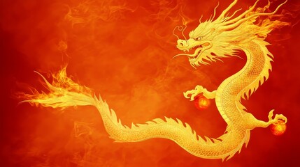 Fototapeta premium Fiery Golden Dragon Embracing Fireballs Art