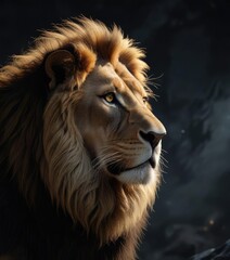 Naklejka premium Majestic lion looking up towards the darkness with its golden mane shining like a beacon in the night, animal portrait, golden mane