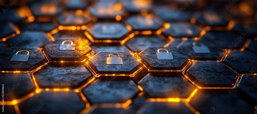 Aufkleber Cybersecurity Network Protection with Padlocks and Hexagons in Minimalist Style