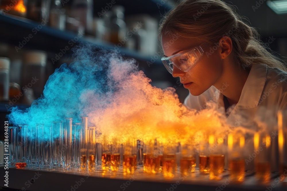 Poster scientist conducting experiments with colorful liquids in lab