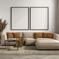 Minimalist Living Room Interior with Modern Sofa, Neutral Colors, and Two Blank Frames on Wall for Stylish Home Decor