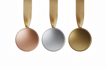 gold silver bronze medals of three winners, displayed on ribbons, set against a transparent background, ideal for awards, certificates, or promotional designs.