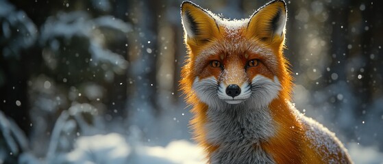Fototapeta premium Majestic Red Fox in Snowy Forest, Winter Wonderland Scene