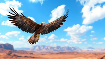 Naklejka premium Majestic Eagle Soaring Through a Vast Blue Sky over a Desert Landscape