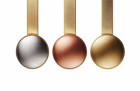 gold silver bronze medals of three winners, displayed on ribbons, set against a transparent background, ideal for awards, certificates, or promotional designs.
