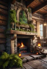 Moss-covered logs and a decaying fireplace in an old cabin, nature, decaying, logs