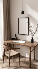 Cozy Minimalist Workspace with Natural Light, Wooden Desk, Modern Chair, and Simple Decor Elements for Inspiration