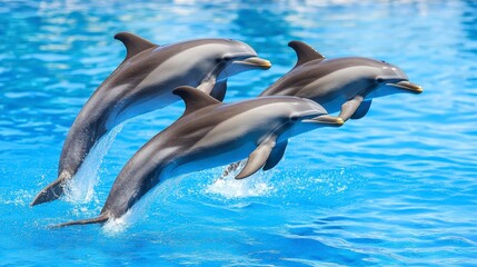 Fototapeta premium Three Dolphins Jumping Playfully in Crystal Clear Blue Water