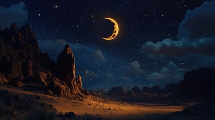 Obraz premium Desert night landscape, crescent moon, starry sky, rock formations, travel poster