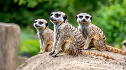 Fototapeta premium Three Curious Meerkats Sitting on a Rock in a Lush Green Environment
