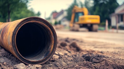 an open pipe on the ground in the foreground, construction equipment and a house in the blurred background