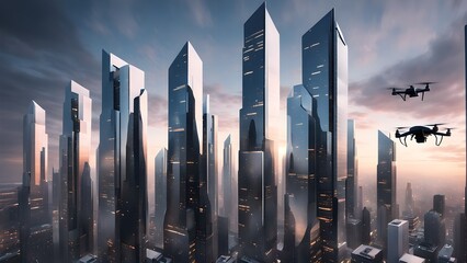Futuristic cityscape at dawn with two drones flying over sleek, modern skyscrapers.