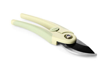 Metal secateurs with green handle on white background