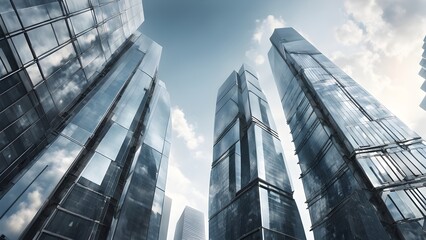 Obraz premium Low-angle view of modern glass skyscrapers reflecting a cloudy sky, showcasing contemporary architecture and urban development.