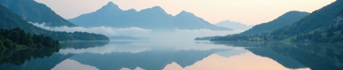 Fototapeta premium Landscape with a twisted mountain range reflected in a lake, foggy morning, misty valley, surreal landscape