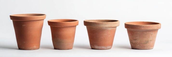 Four terracotta pots of varying sizes on white background.