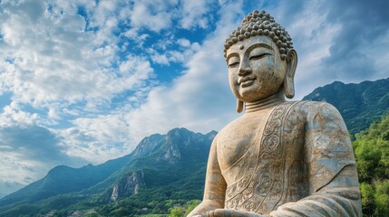 Fototapeta premium A giant Buddha monument carved from stone, standing against a scenic mountain backdrop with a peaceful sky, exuding spiritual grandeur 