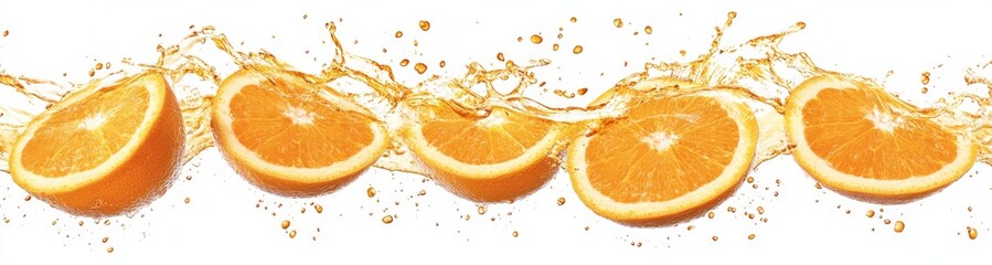 Juicy orange slices splashing, white background, food ad