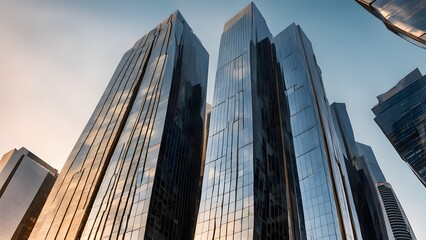 Low-angle view of modern, glass-clad skyscrapers reflecting the sky at sunset.