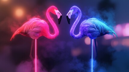 Obraz premium Neon Flamingo Pair AI Art Pink Blue Birds Glowing Digital Art Abstract