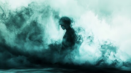 Obraz premium Mysterious figure standing in a sea of teal smoke, symbolizing abstract concept of fear, loss, or uncertainty