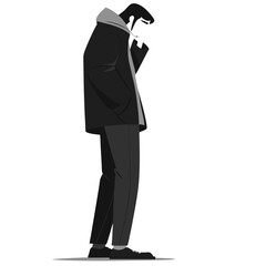 Obraz premium A man in a black jacket and pants is standing in the shade. He is wearing a tie