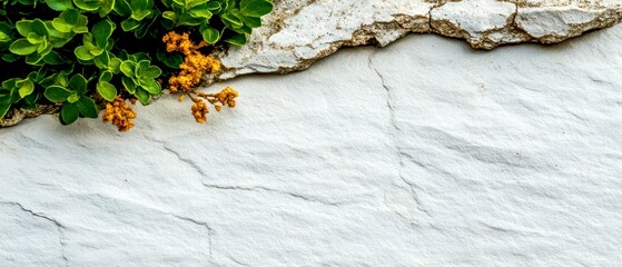 White Stone Wall Texture with Green Plant and Yellow Flowers
