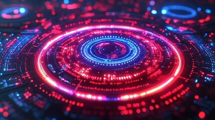 Futuristic HUD interface glows, digital city backdrop