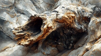 Weathered wood nestled in grey stone subtly illuminated by soft sunlight. AI Generated