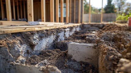 Obraz premium A deep hole in the ground with wooden beams and concrete being poured into it.