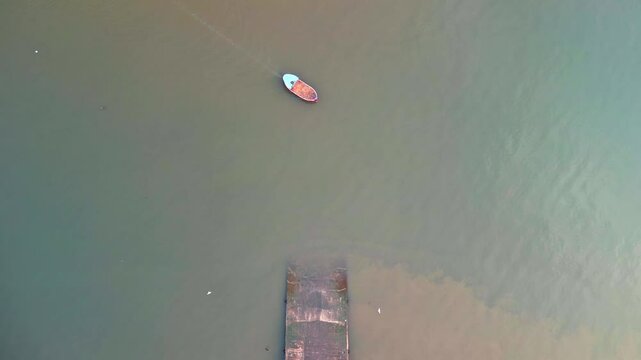 boat moving on vasai creek bird eye view