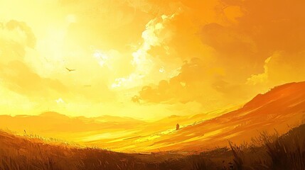 Golden Sunset, Lone Figure, Desert Plains, Bird, Fantasy Art