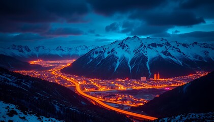 Night City Lights Mountain Valley Scenic View