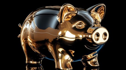 A luxurious 3D gold piggy bank, shiny and bold, placed against a deep black backdrop 
