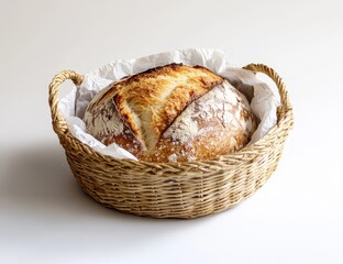 Crusty sourdough bread in a wicker basket.