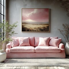 Cozy Living Room Interior Pink Vintage Sofa Scandinavian Design Natural Lighting