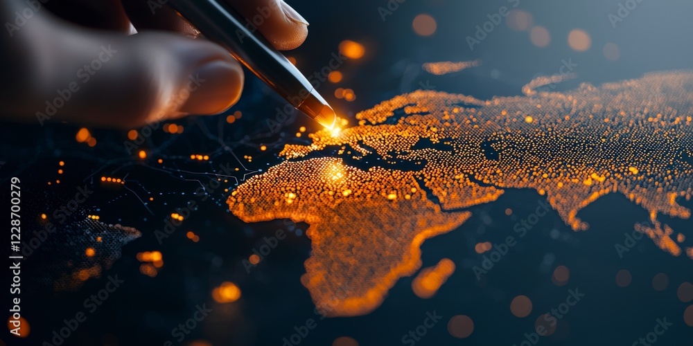 Poster illuminated world map concept with hand and pen creating connections and ideas with digital network 