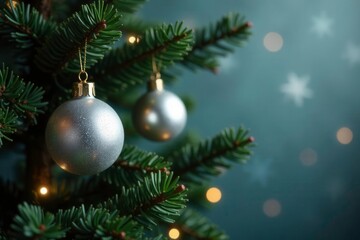 Sparkling silver ornaments hang from a dark green fir tree branch, winter wonderland, silver ball decorations, festive