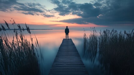 Obraz premium Silhouette of a man standing on a dock during a beautiful sunset