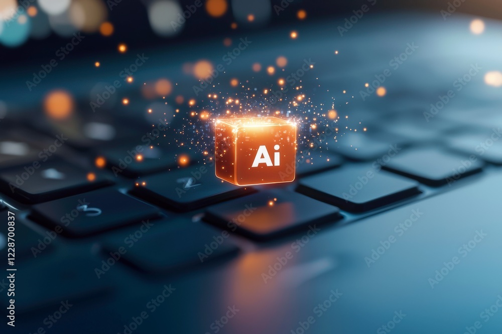 Poster glowing ai icon above laptop keyboard representing artificial intelligence technology and innovation